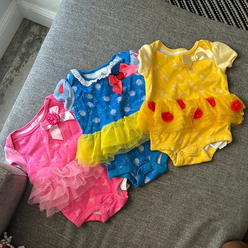 3 Disney princess dresses, 1 size 3-6mo & 2 size 6-9mo